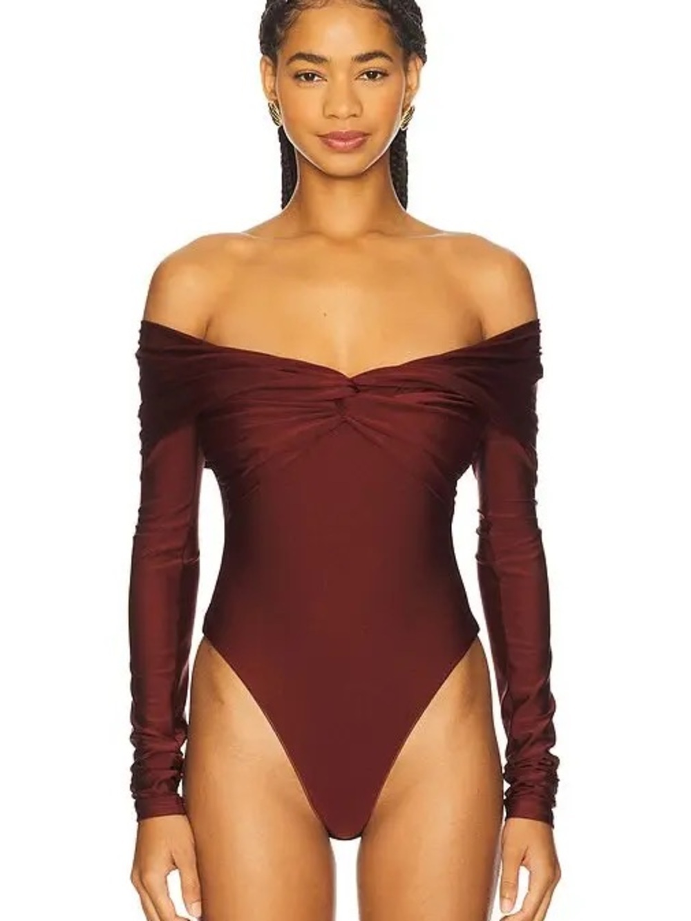 The Andamane The Kendall Off-Shoulder Long Sleeve Bodysuit Deep Burgundy (123)